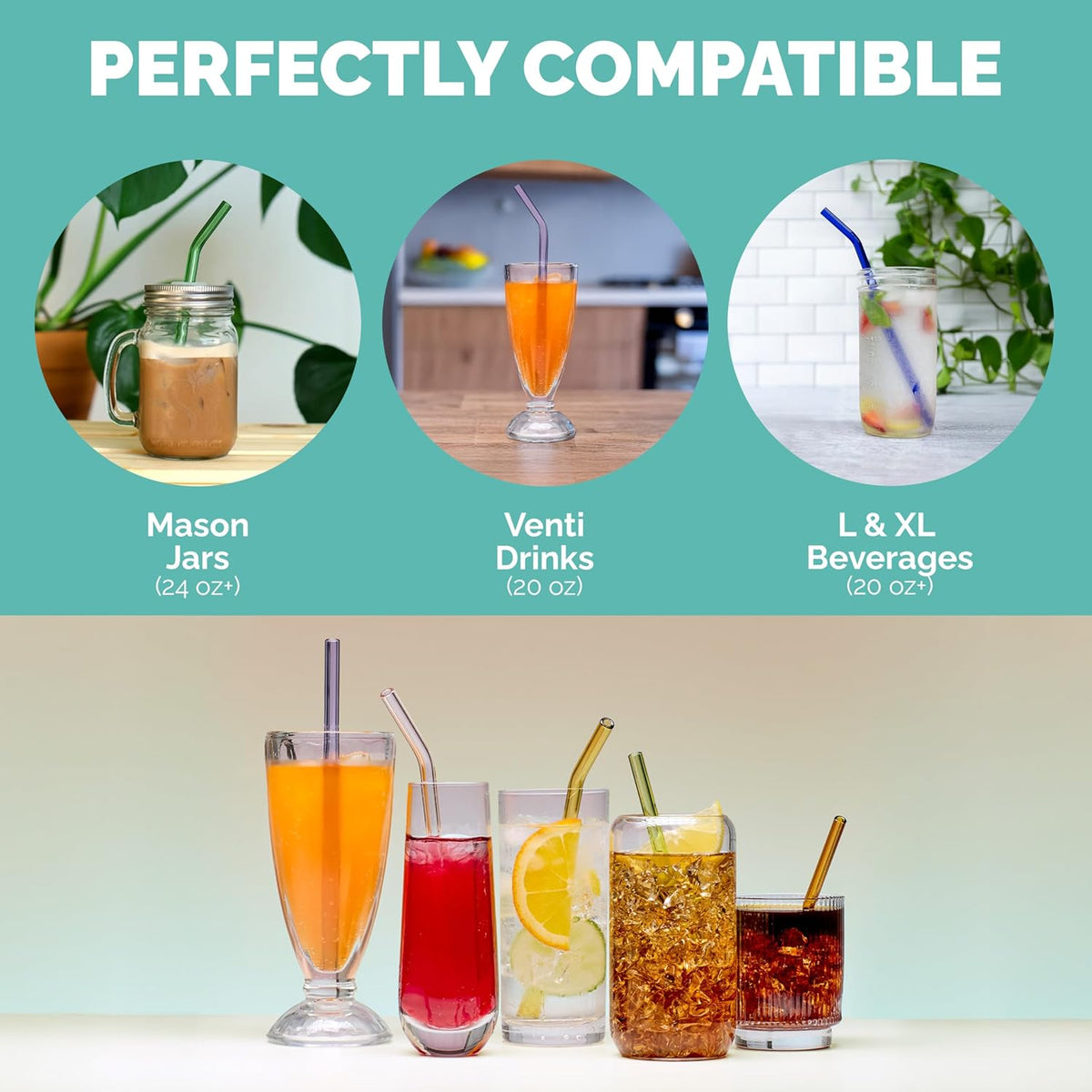 Simply Straws 10 Inch Glass Straws Bent (6-Pack) – Reusable Glass Straws for 24 Oz Mason Jars & Tumblers, with Cleaning Brush – Durable, Dishwasher Safe, Hot & Cold Use, BPA-Free (Meadow)