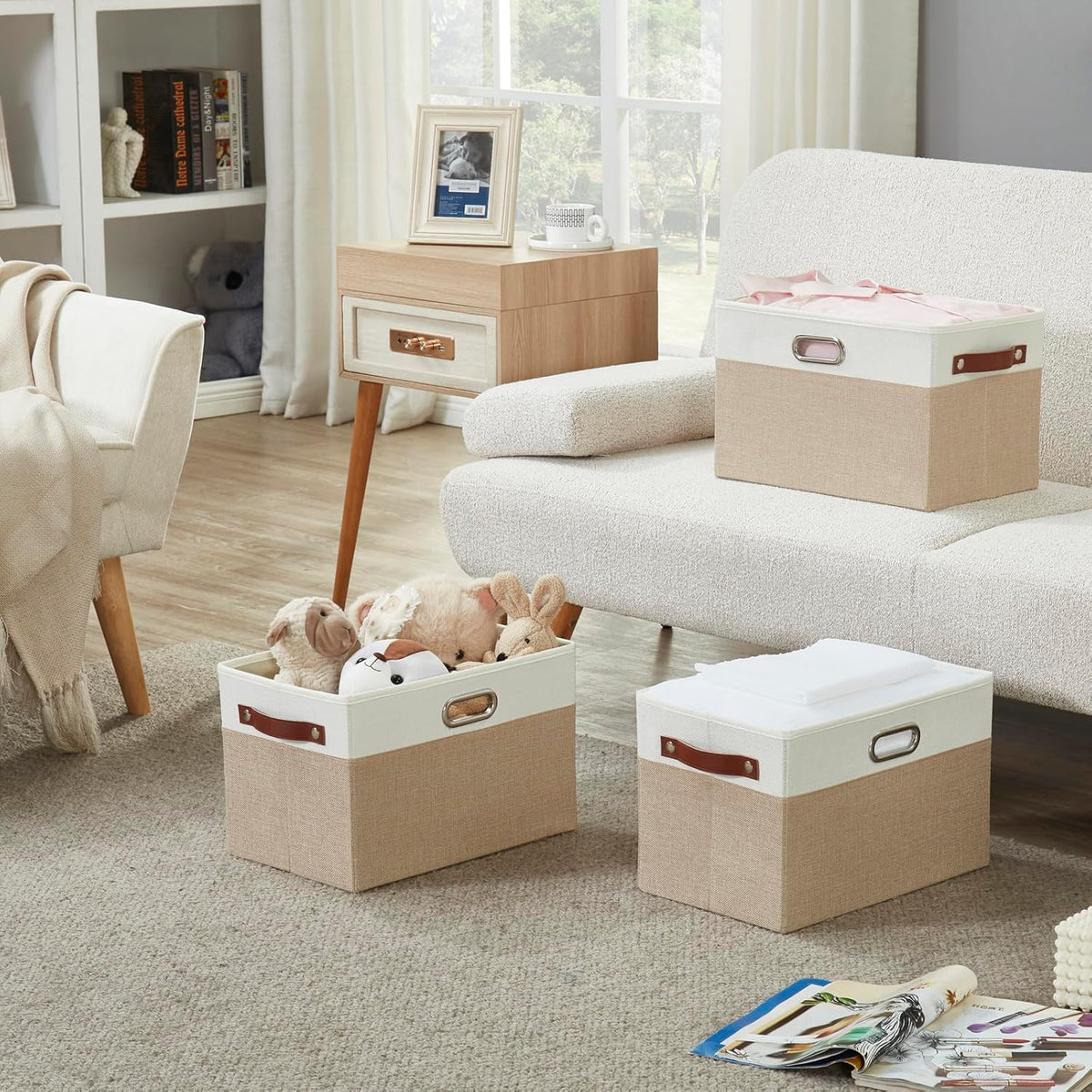 Large Collapsible Fabric Storage Bins with 3 Handles, Foldable Organizer Baskets for Closet, Shelves, Living Room | 3 Pack, Durable PU & Metal Handles (14.9"x9.8"x9.8", Beige & White)