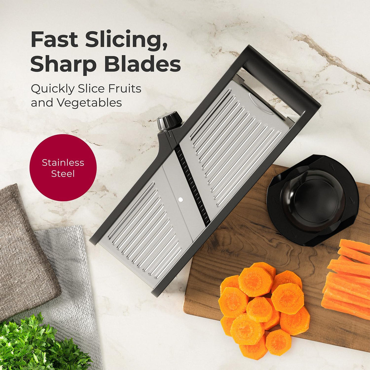 MuellerLiving Mandoline Slicer for Kitchen, Stainless Steel, Slice or Julienne, Vegetable Chopper, Fruit Slicer