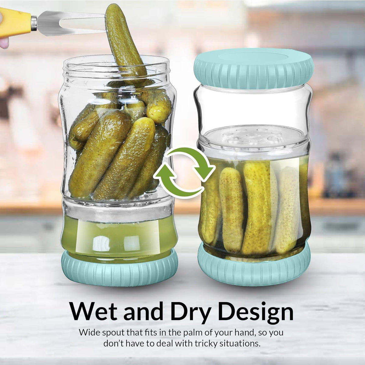 40oz Glass Pickle Jar with Strainer Flip - Pickle Storage Container with Airtight Lid, BPA-Free, Dishwasher Safe, Fermentation Hourglass Jar for Kimchi, Olives, Jalapeno, Gherkins (Blue)