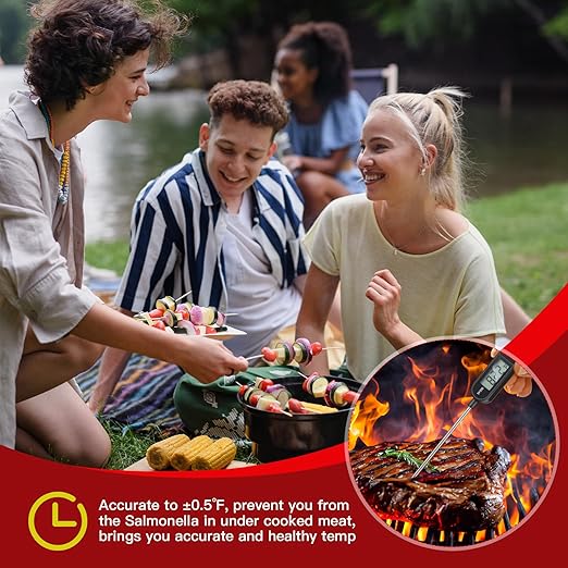 6 Pcs Instant Read Meat Thermometer with Long Probe 9.65 Inch Kitchen Cooking Food Candy Waterproof Digital Thermometer for BBQ Water Milk Yogurt Liquid (Round&Square Ring,Black,White,Red)