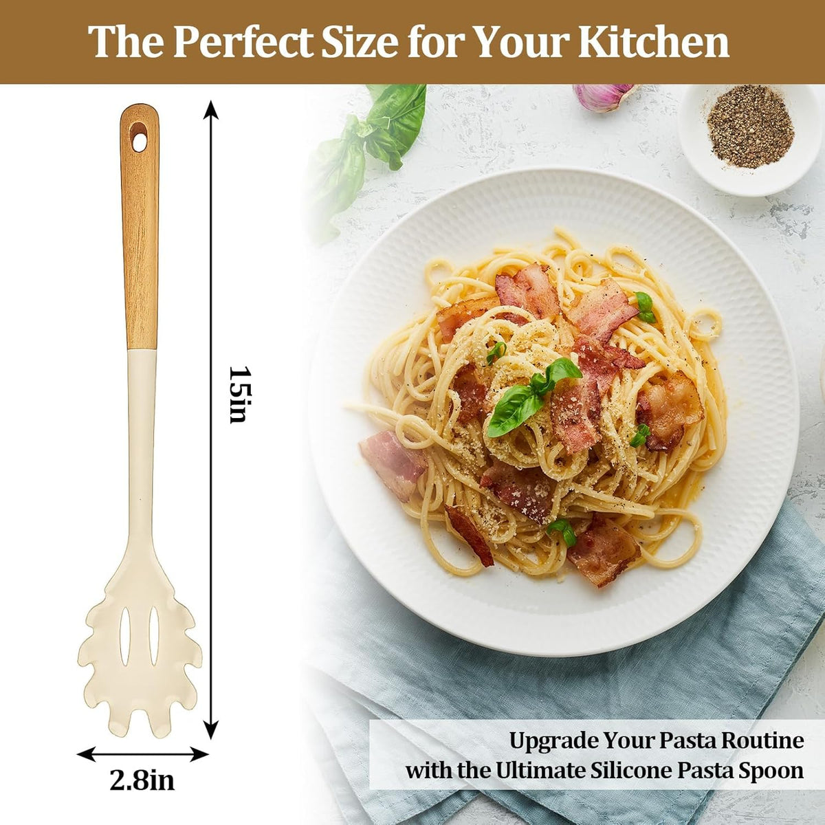 Silicone Pasta Spoon with Teeth Silicone Pasta Fork Wooden Handle Pasta Server & Spaghetti Scoop for Home Chefs, Pasta Enthusiasts