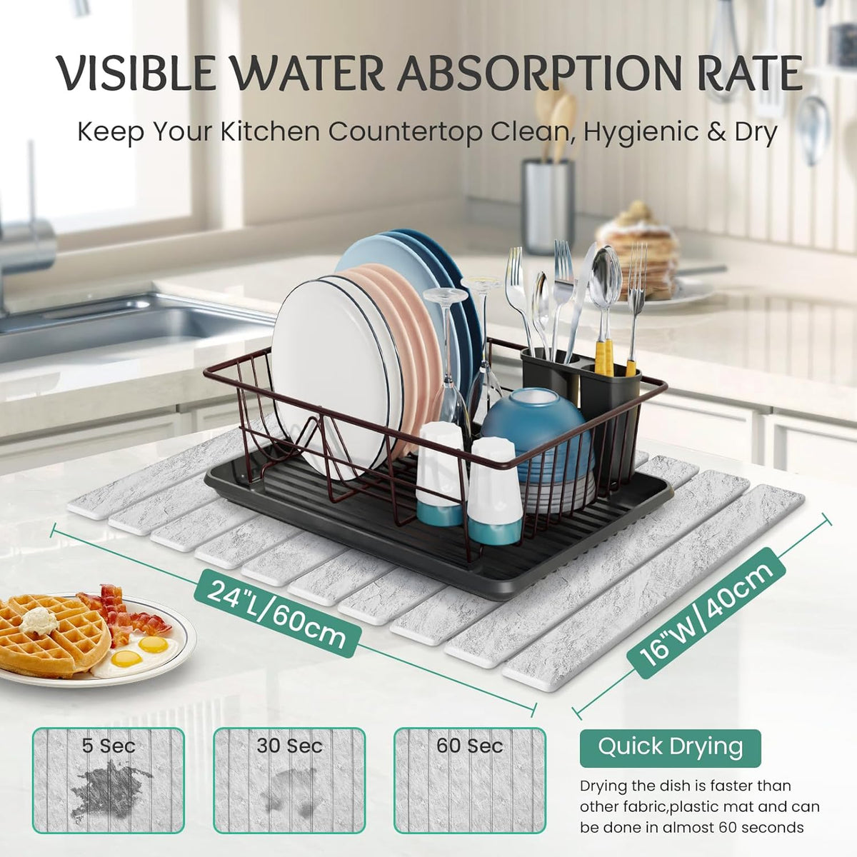 Stone Dish Drying Mat Collapsible Diatomaceous Earth Absorbent Mat Quick Dish Drying Pad Dish Rack Pad Match Any Counterto Multiple Usage for Kitchen,Bathroom (Light-Gray Frosted Pattern, 24"L x 16"W)