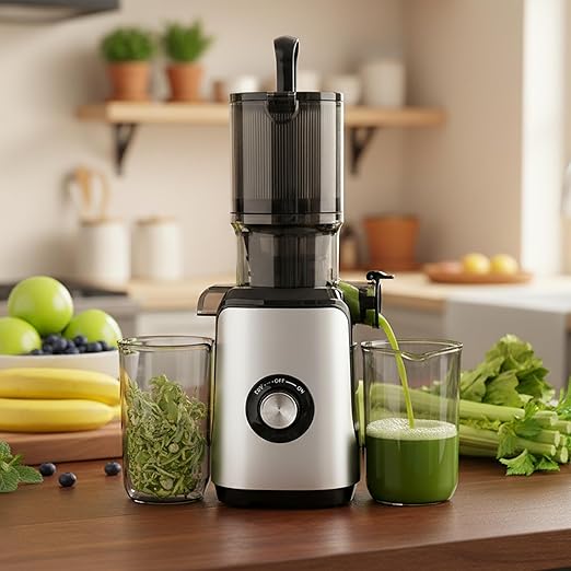 Simple Deluxe Cold Press Juicer, Slow Masticating Juicer Machines with Wide Feed Chute, Fits Whole Fruits and Vegetables, High Juice Yield, BPA Free, Easy to Clean, Silver