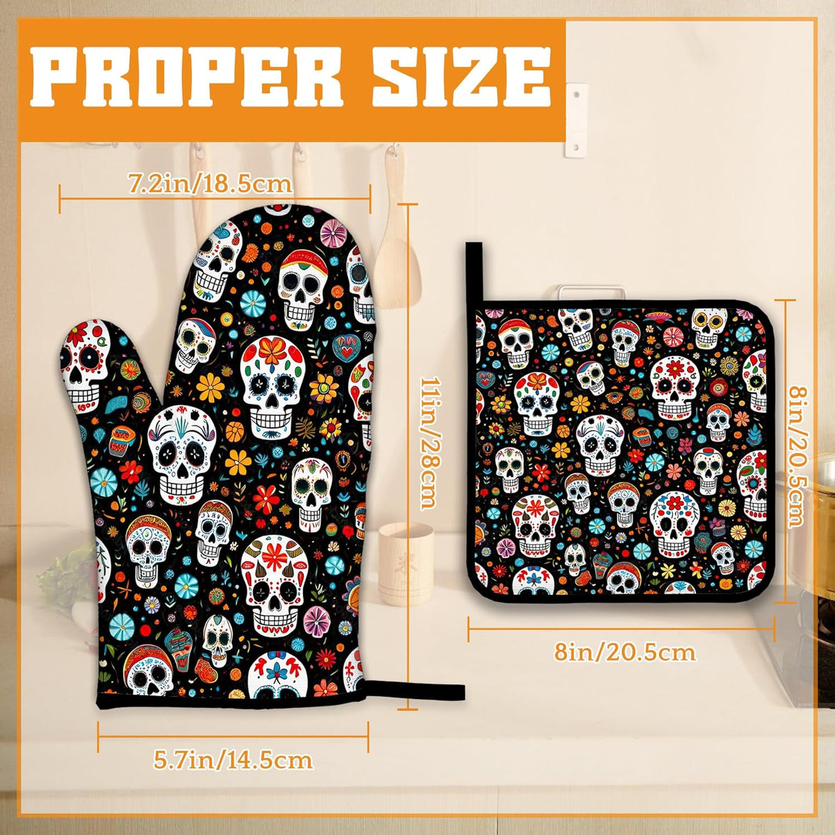 Day of The Dead Skull Mexican Oven Mitts and Pot Holders Set,Flower Kitchen Decor Heat Resistant Non Slip Hot Pads and Oven Mitt for Chef Cooking Baking BBQ Mom Girl Gifts(4 Piece Set)