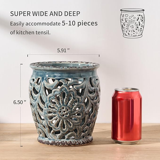 Farmhouse Kitchen Utensil Holder for Kitchen Counter, Ceramic Large Cooking Utensil Crock with Cork Mat, Decorative Rustic Utensil Organizer for Countertop, Spatula, Grayish Blue