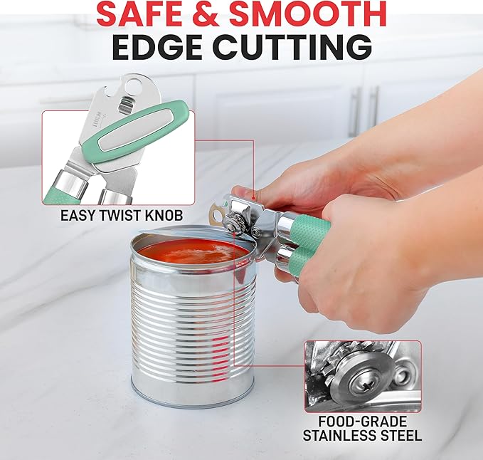 Zulay Kitchen Heavy Duty Stainless Steel Can Opener – Manual Can & Bottle Opener with Sharp Cutting Wheel & Soft Grip Handles – Ergonomic, Easy to Use Turn Knob - Mint