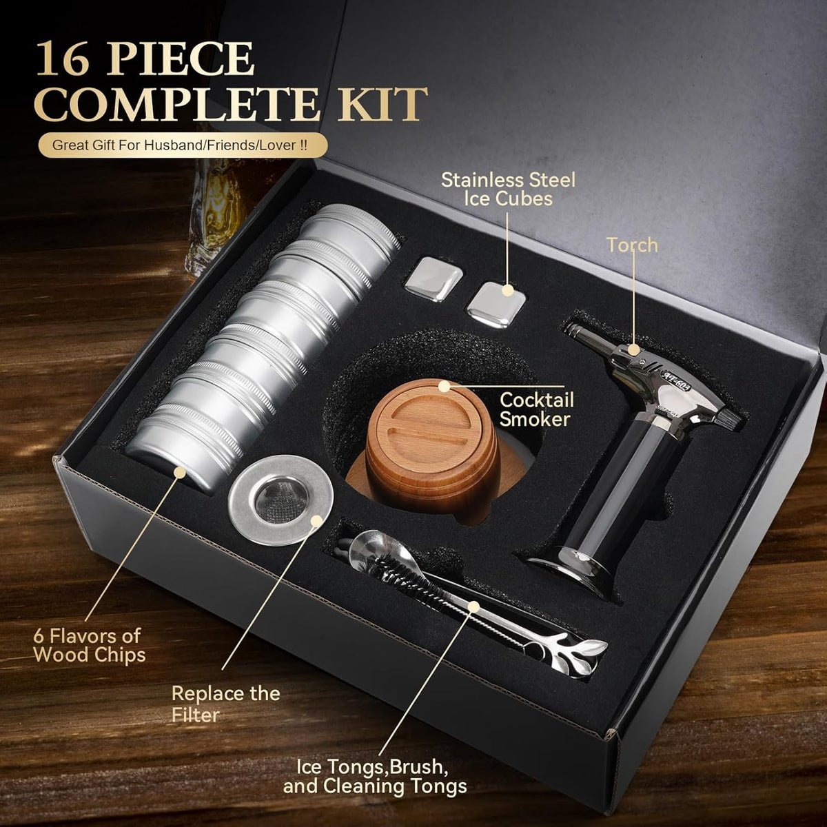 G GOOD GAIN Whiskey Smoker Kit with Torch - Old Fashioned Cocktail Smoker Kit with 6 Flavors Wood Chips | Drink Bourbon Infuser Set with 4 Stainless Steel Ice Stone for Men, Dad (No Fuel Included)