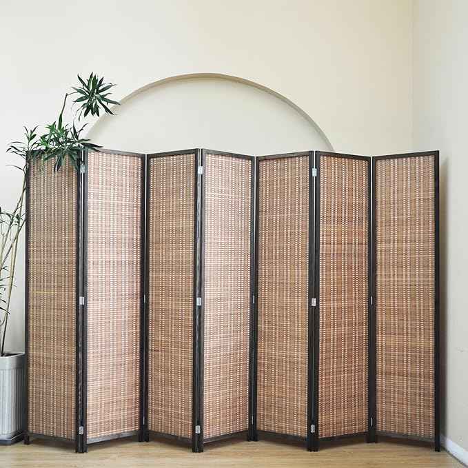 7 Panel Bamboo Room Divider – 5.6 ft Tall Folding Privacy Screen, Natural Brown Freestanding Room Partition Wall (67" H x 107.5" W)