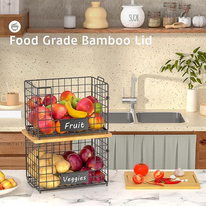 keomaisyto 2 Set XL Stackable Wire Baskets with Bamboo Top- Pantry Organizers and Storage, Kitchen Organization Counter Storage Bins for Potato/Onion/Fruit/Vegetable/Produce, Under Sink Organizing