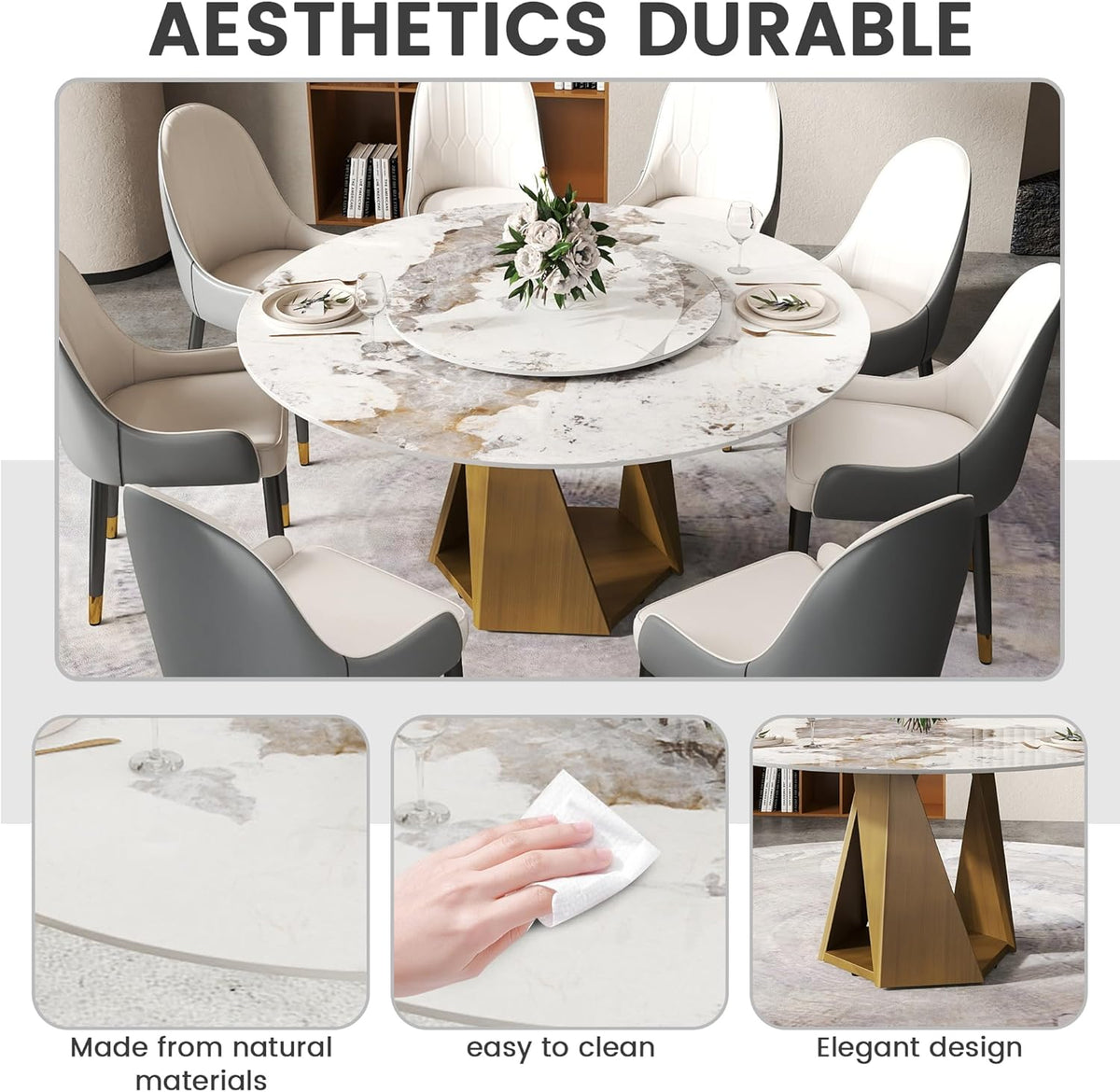 Montary 9 Piece Dining Table Chairs Set, Modern Dining Table Set of 8, Includes 59" D Marble Round Table with Bronze Iron Metal Base, 8 Gray White Dining Chairs for Home, Kitchen