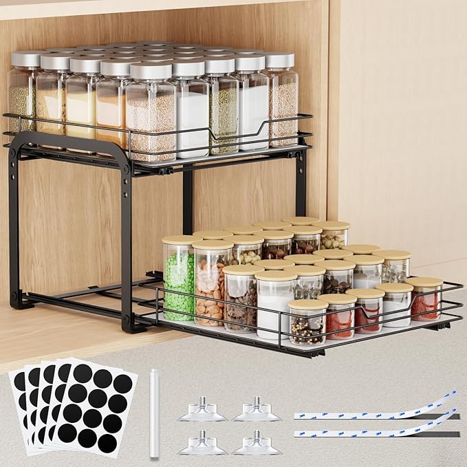 Spice Rack Organizer for Cabinet, 2 Tier Pull Out Spice Rack – Heavy Duty Metal Spice Organization for Cabinet, 50-Jar Capacity, Height Adjustable Cabinet Organizer (11.5W" X 10.5"D X 9"H, Black)