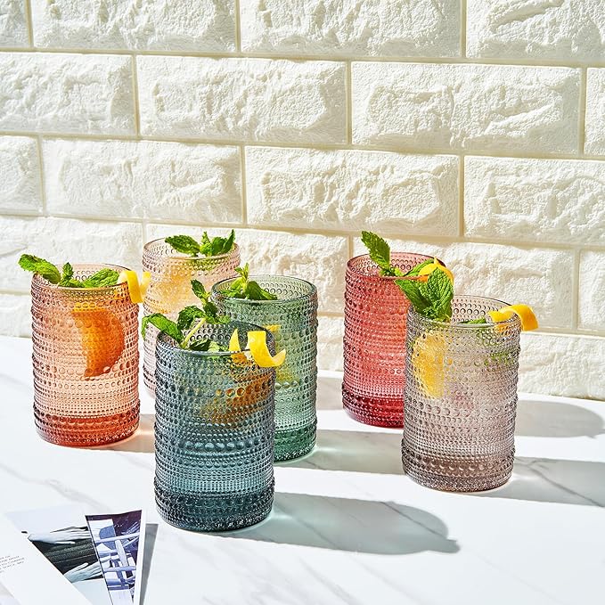 Khen Hobnail Beaded Highball Drinking Tumbler Glasses | Set of 6 | Color, Vintage Bubble Design Whiskey Glassware, Old-Fashioned, Embossed Design for Water, Wine, Cocktail Embossed, Rocks Glass