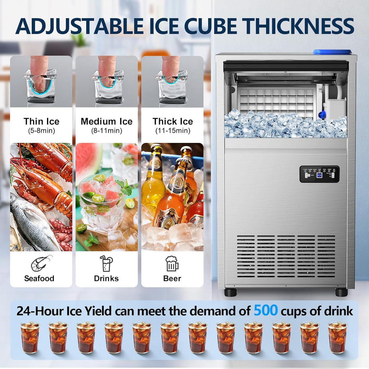 Commercial Ice Maker Machine, 150Lbs/24H with 45Lbs Storage, Fast Ice Making in 8-15Mins, Stainless Steel Under Counter or Freestanding Ice Machine for Home, Party, Office - 2 Water Inlet Modes