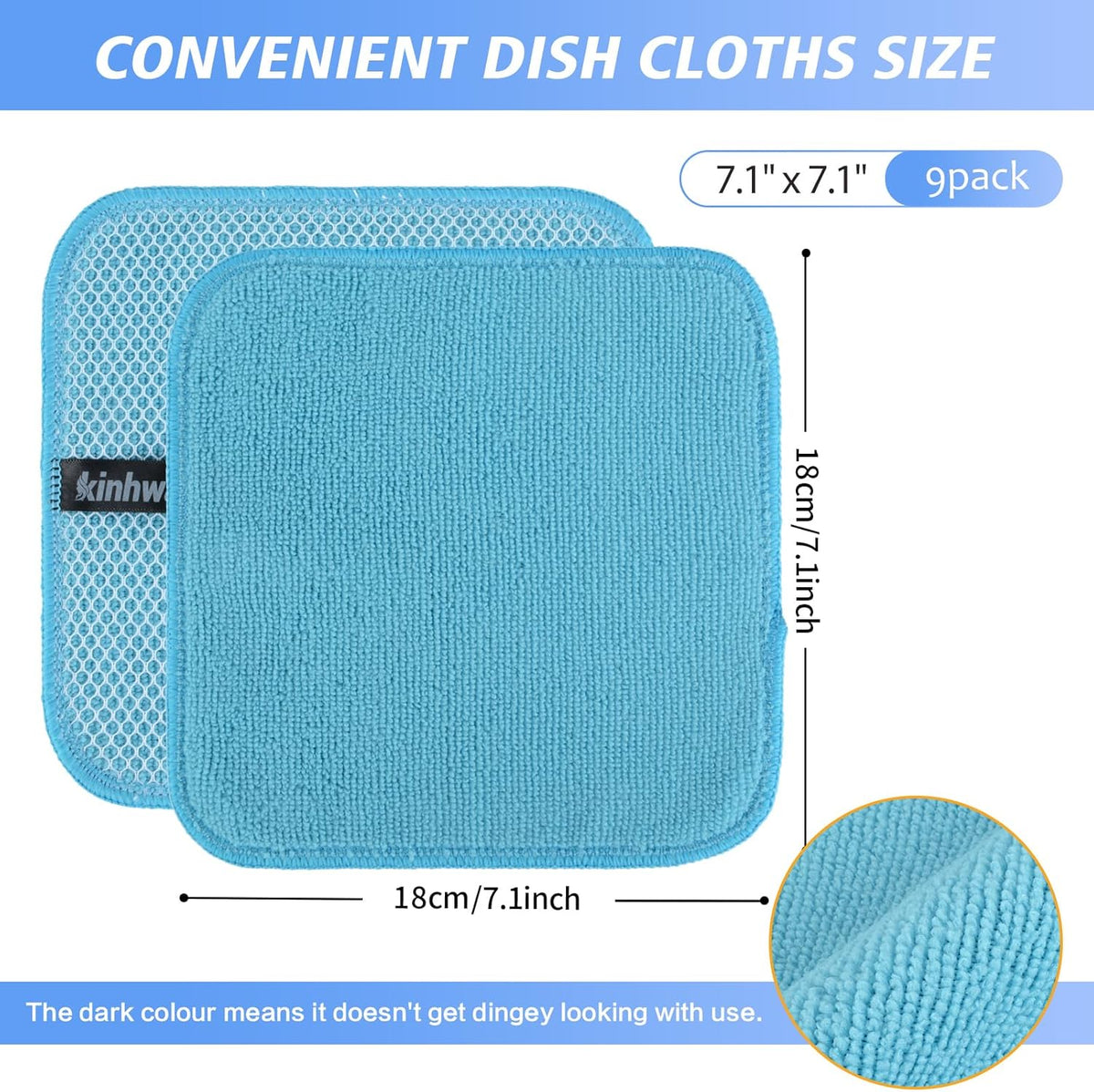 KinHwa Kitchen Washcloths for Dishes Absorbent Microfiber Dish Cloths Quick Dry Dish Rags with Poly Scour Scrub Side Ideal for Kitchen Cleaning (Mixing Colors #3, 7inchx7inch 9 Pack)