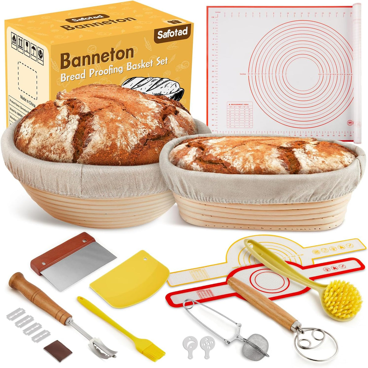 Banneton Bread Proofing Basket, Round and Oval Sourdough Starter Kit with Two Bread Slings and 27×19in Silicone Baking Mat Bread Making Tools Set, Gift for Family Lovers or Friends