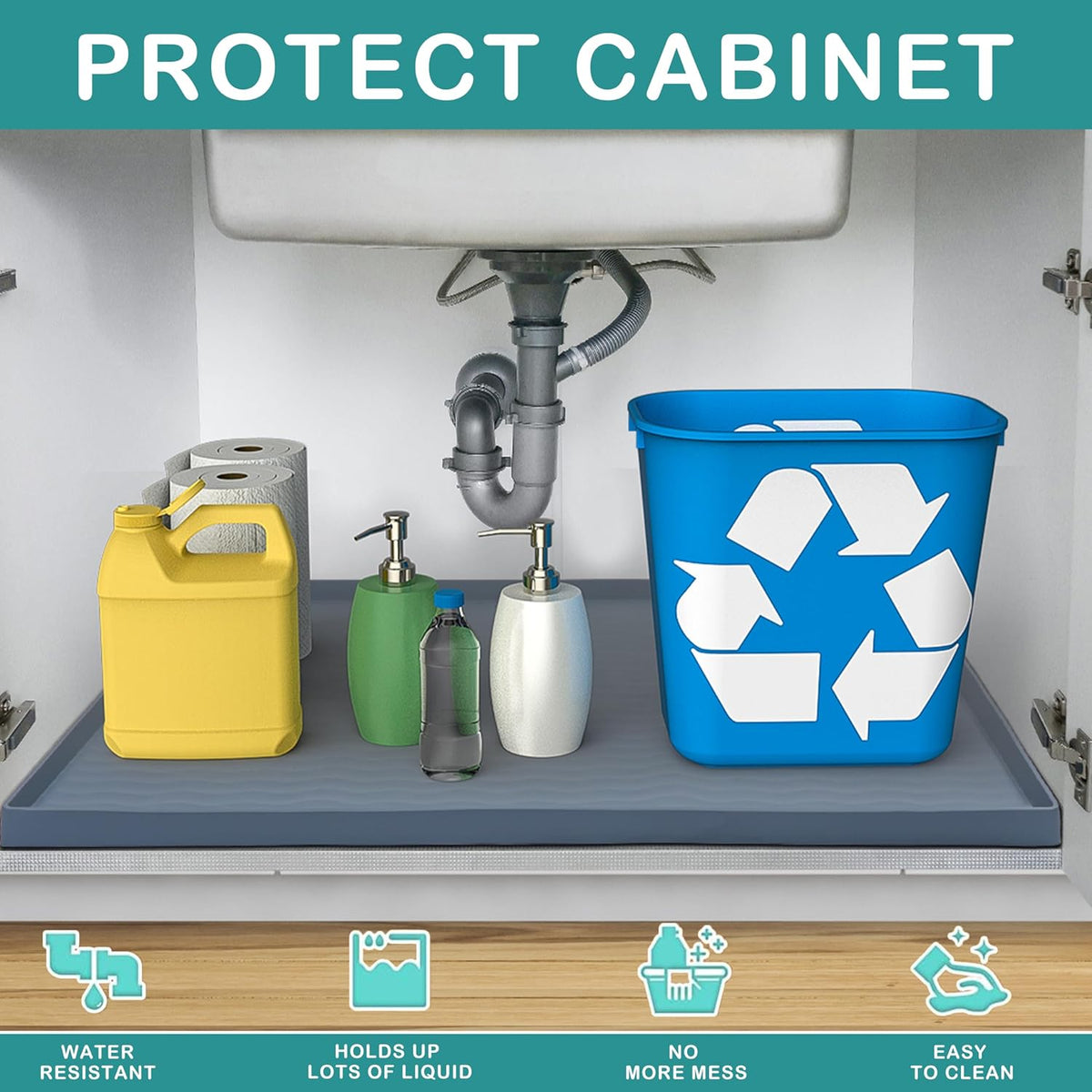 URMONA Waterproof Silicone Under Sink Mat 40'' x 22'' Shelf Liner for Kitchen and Bathroom, Cabinet and Counter Protector, Storage and Organizers, Litter Mat, Pet Cat Puppy Essentials(Black)