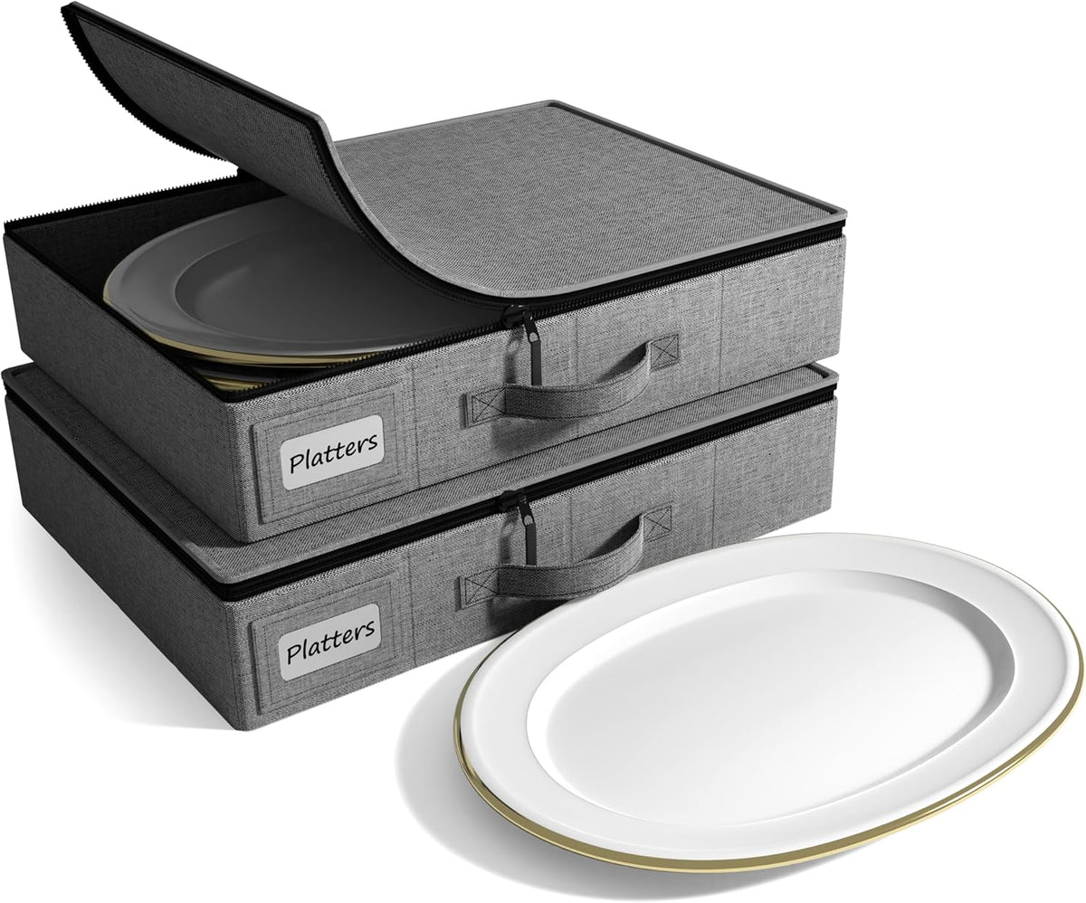 Sorbus China Storage Containers – Dinnerware Organizer for Platter Storage with Lid (Holds Service for 12) with Felt Protectors – 17" x 13" x 4" – 2 Pack