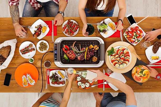 Smokeless Indoor Grill, CUSIMAX Electric Grill, 1500W Korean BBQ Grill with LED Smart Display & Tempered Glass Lid, Non-stick Removable Grill Plate, Turbo Smoke Extractor, White New Model
