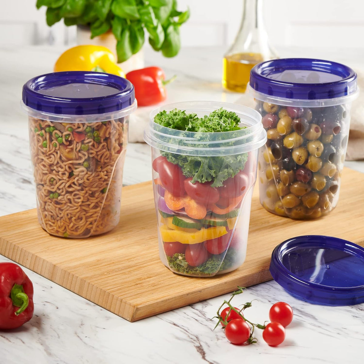 PLASTICPRO 12 Pack Twist Cap Food Storage Containers with Blue Screw on Lid- 32 oz Reusable Meal Prep Containers - Freezer and Microwave Safe Blue Plastic Food Storage