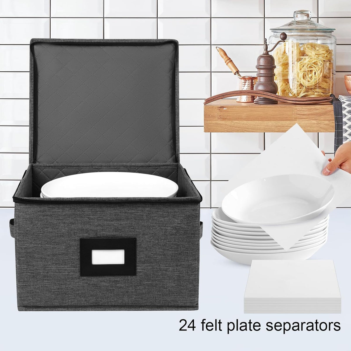 Mayniu China Storage Containers Hard Shell, 12" Plate Storage Containers for Dishes, Stackable Dinnerware Storage with 48 Felt Dividers (4 Pack Black)