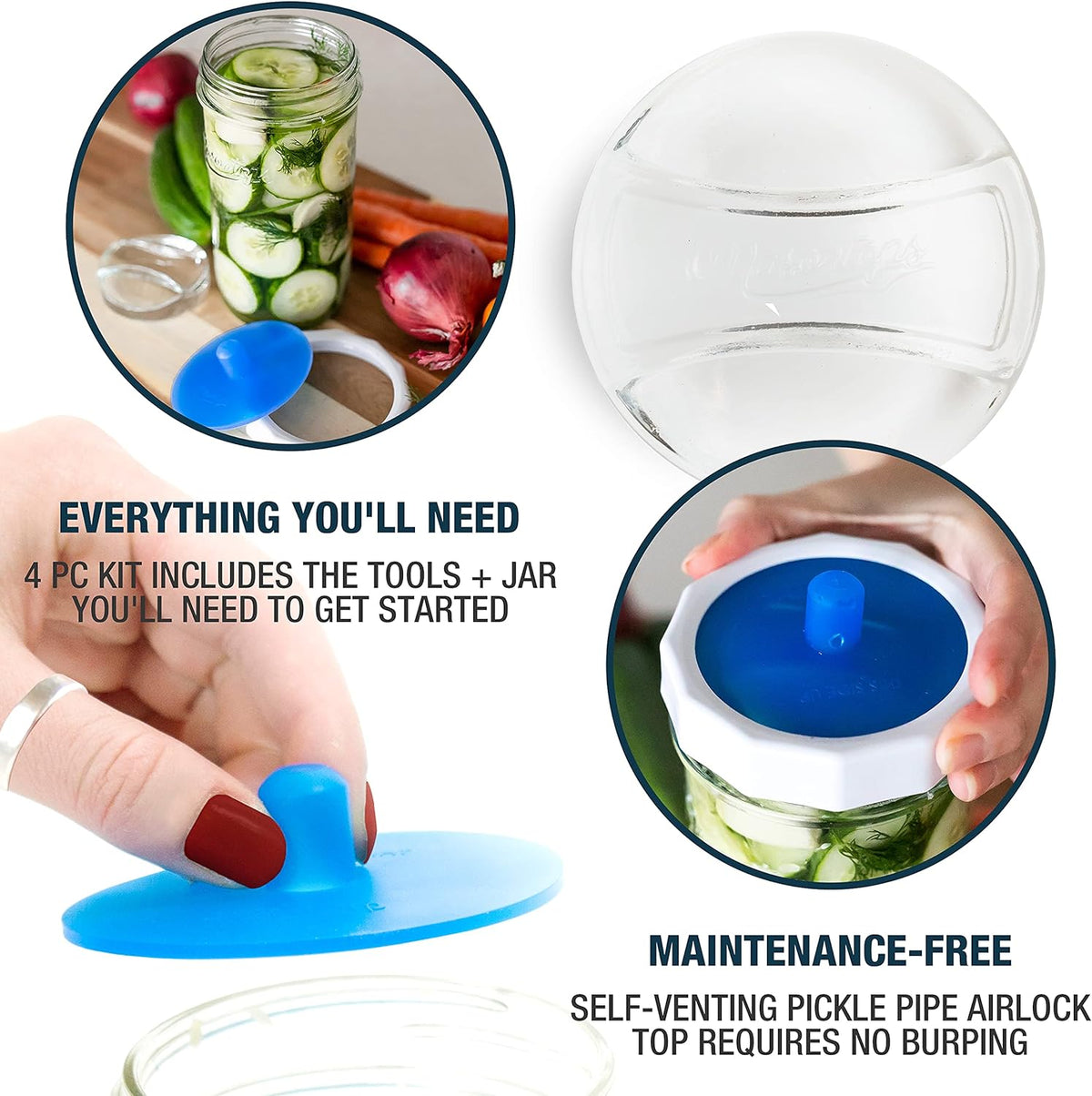 Masontops Fermentation Jar Starter Set, Easy Vegetable Fermentation Kit, Includes Mason Jar, Pickle Kit with Fermentation Lids & Fermentation Weight