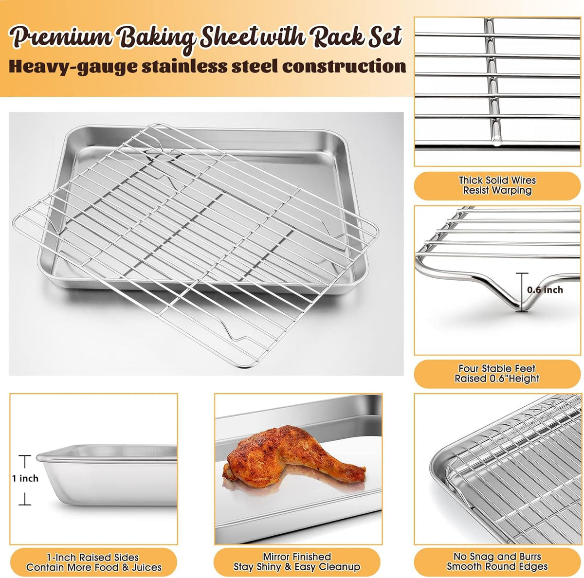 Stainless Steel Baking Sheet with Rack Set, E-far 12.4”x9.7” Cookie Sheet Broiling Pan for Oven, Rimmed Metal Tray with Wire Rack for Cooking/Baking/Cooling/Bacon, Non-toxic & Dishwasher Safe