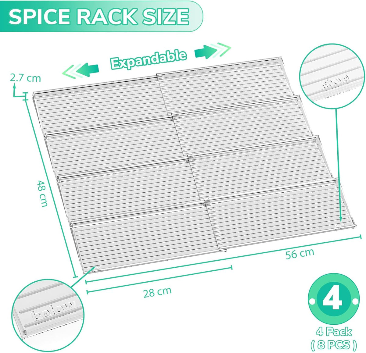 AMBIRD Spice Drawer Organizer, 4 Tier-2 Set Clear Spice Rack Tray Expandable From 11'' to 22'', Seasoning Organizer with non-slip tape for Kitchen, Cabinet, Drawers, Countertop(JARS NOT INCLUDED)