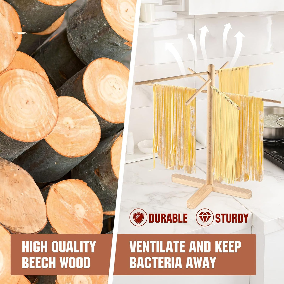 Pasta Drying Rack, Collapsible Pasta Drying Rack For Spaghetti, Easy Storage Homemade Stand Dryer Hander For Fresh Noodle, Natural wood