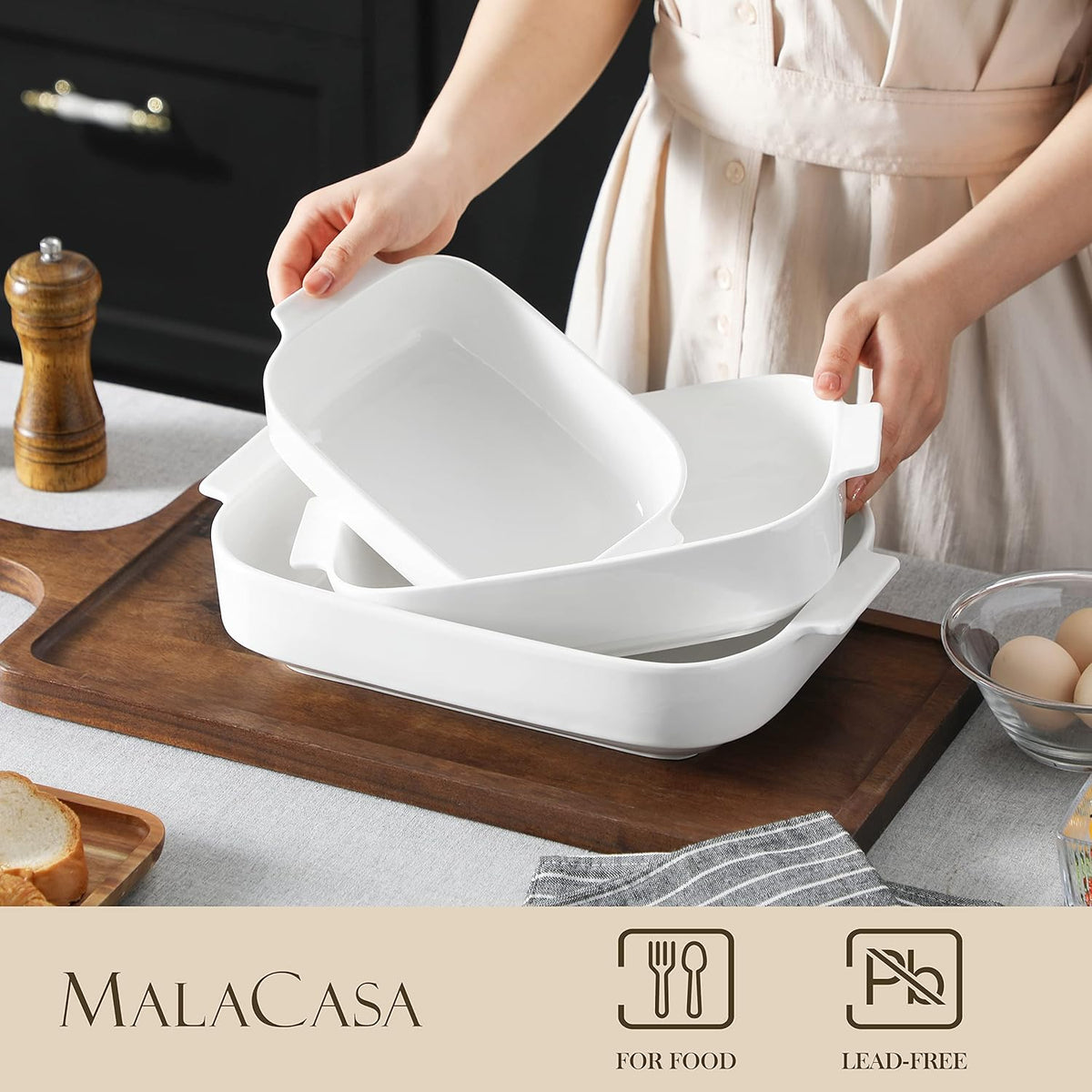 MALACASA Casserole Dishes for Oven, Porcelain Baking Dishes Set of 3, Durable Casserole Dish Set Lasagna Pan Deep, Ceramic Bakeware Sets with Handles, White (13.8''/11.7''/9.4''), Series Bake