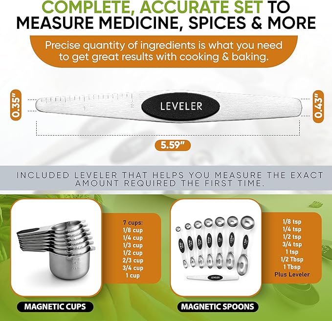 Spring Chef Magnetic Measuring Cups & Spoons Set, Patented, Strong N45 Magnets, Heavy Duty Stainless Steel Fits in Spice Jars for Baking & Cooking, BPA Free, Round Set of 15 with Leveler, Black