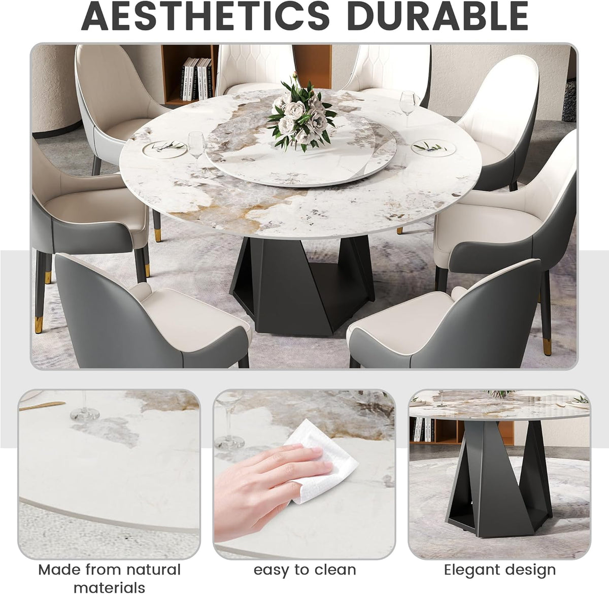 Montary 59" Modern Artificial Marble Round Dining Table with Black Iron Metal Base & 31.5" White Sintered Stone Turntable, Dining Room Table with Lazy Susan for 6-8 (Only Table)