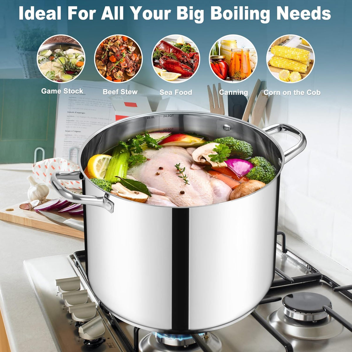 E-far 24-Quart Large Stock Pot, Stainless Steel Stockpot with Lid for Boiling Cooking Soup Stew Canning, Heavy Duty Tri-Ply Bottom Works w/Induction, Commercial Grade & Dishwasher Safe