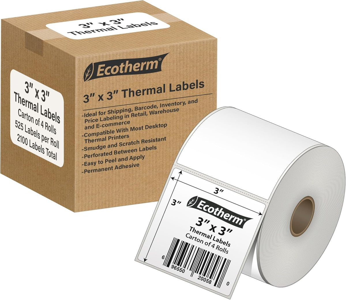 3" x 3" Thermal Labels | 4 Rolls | 2100 Labels | fits Zebra, Munbyn, Rollo, Godex, Arkscan, iDPRT, Offnova Thermal Label Printers and More | Blank White Adhesive Stickers by Ecotherm