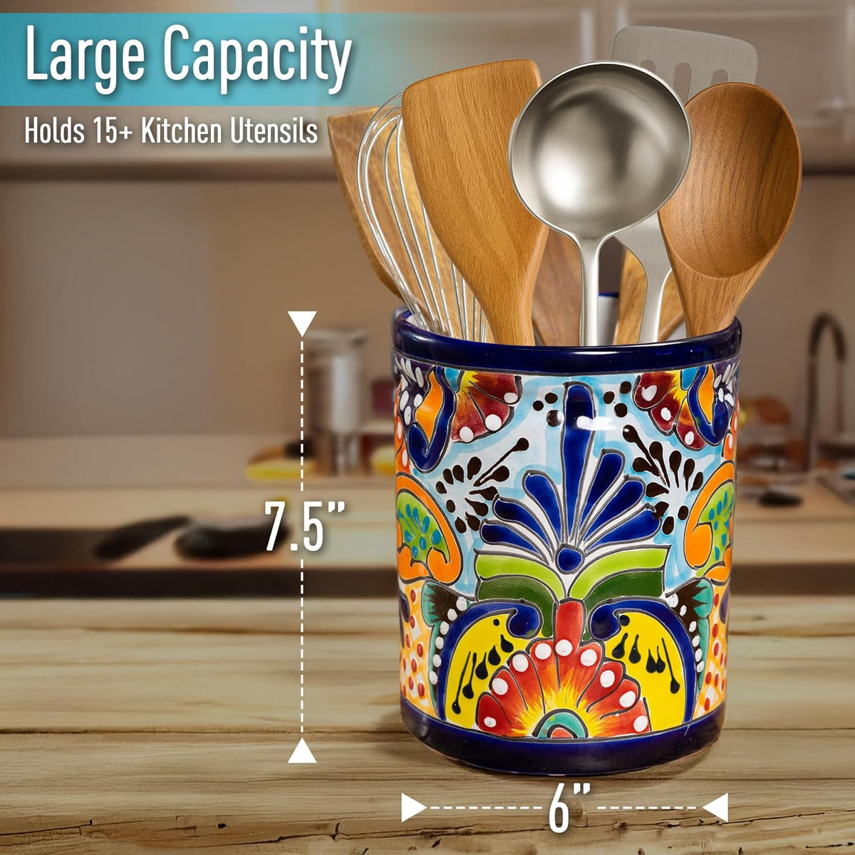 Utensil Holder For Counter Extra Large Utensil Holder, Mexican Talavera Pottery Kitchen Decor, Drawer Organizer, Spoon Holder, Ceramic Mexico Decor for Home Spatula Holder, Mexican Vase, Spoon Rest