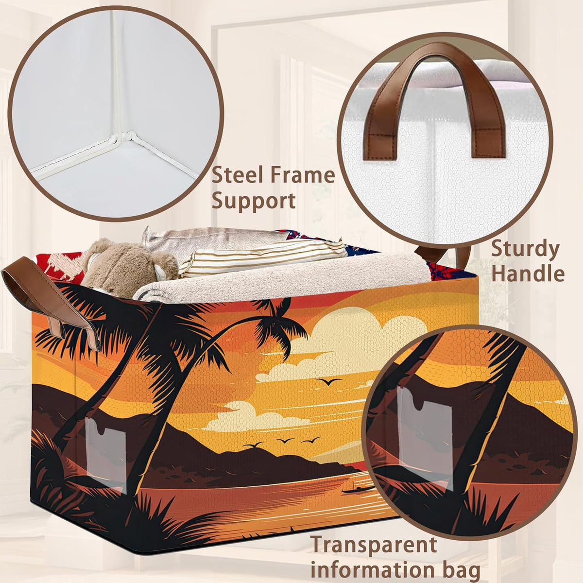 Foldable Collapsible Storage Bin with Summer Sunset Design-17x11.5x10.5 Inch Organizer Basket for Beach Decor, Home Storage-Single Pack, No Lid Space-Saving Box