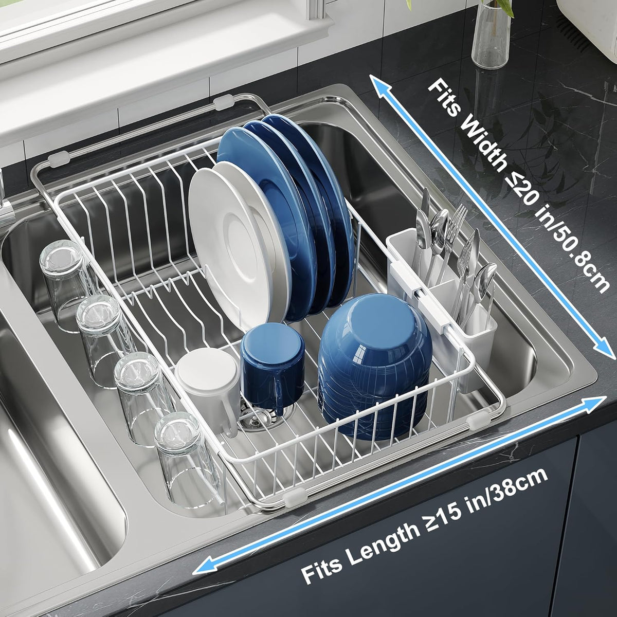 JASIWAY Dish Drying Rack in Sink, Small Dish Drainers for Inside Sink, Over The Sink Dish Racks, Stainless Steel Drying Rack with Utensil Holder, White