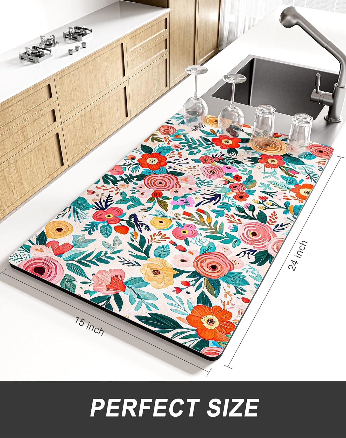 Rnivvi Dish Drying Mat for Kitchen Counter, XL 15 x 24" Cute Flower Super Absorbent Draining Pad, Non-Slip Heat Resistant Coffee Bar Mats for Coffee Machine Station Accessories, Colorful Dish Rack Pad