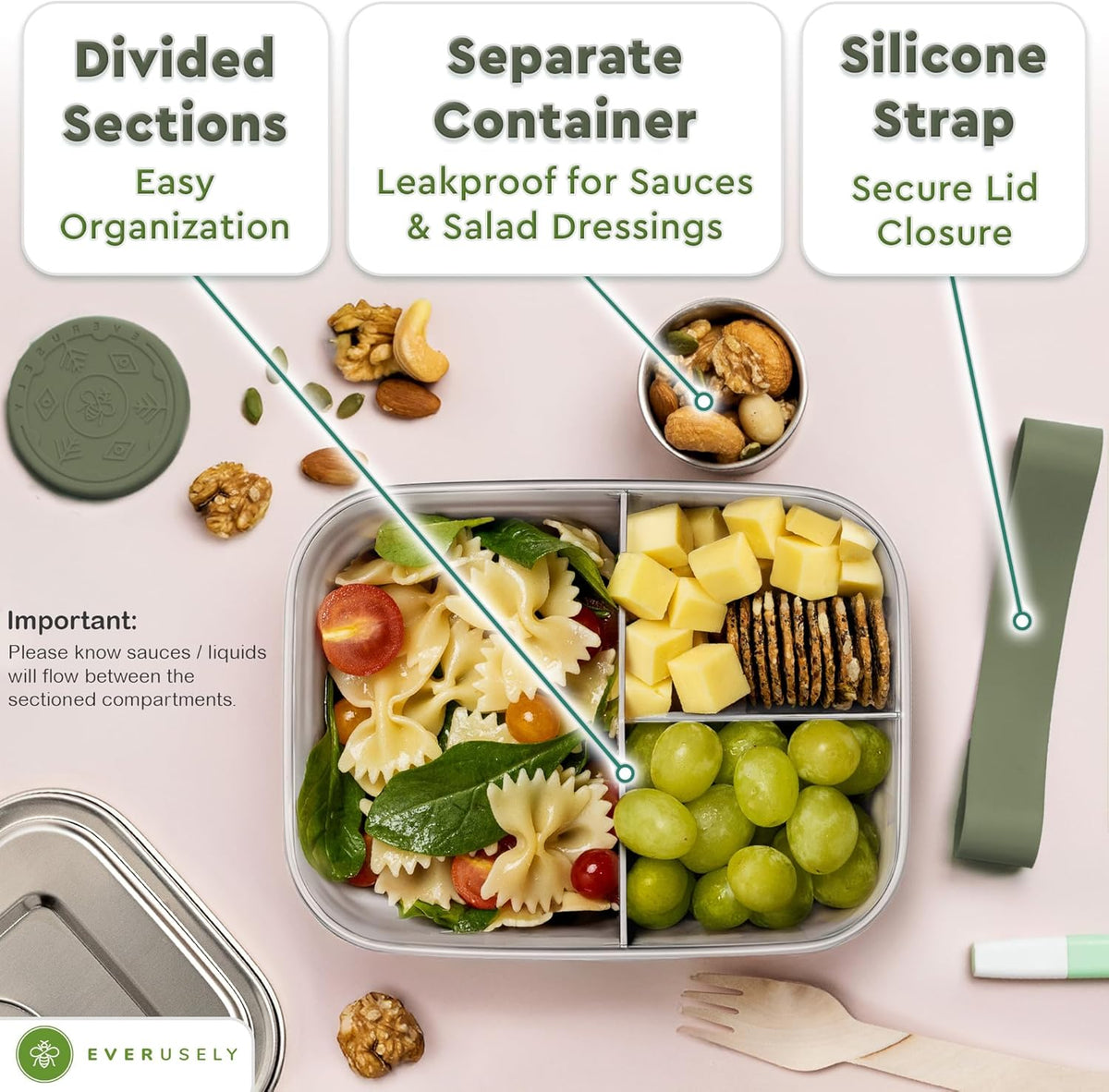 Everusely - Bento Box - Sage, 37oz / 1.1 L - Stainless Steel Lunch Box with Leakproof Condiment Container - 3 Compartment Snack Organizer for On the Go Meals - Freezer & Dishwasher Safe
