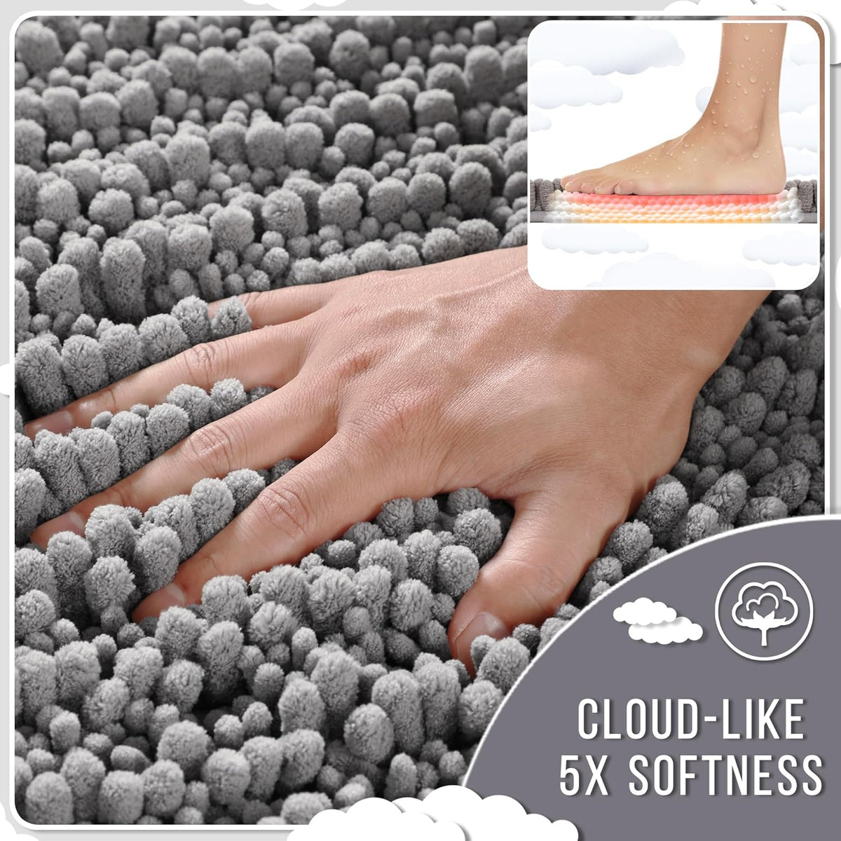 Yimobra Long Bathroom Rugs Non Slip Washable 44x24 Inch - Ultra Soft Absorbent Chenille Bath Mat, Quick Dry Shaggy Floor Carpet for Tub Shower, Gray Home Decor Accessories
