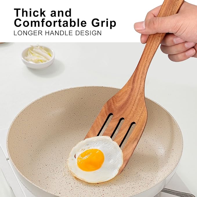 6 Pcs Best Flat Wood Spatula Set Teak Wooden Spoon for Cooking Utensils Slotted Turner Spatula Non Toxic Kitchen Utensil Set Scraper Spurtle Serving Turner Bamboo Cooking Spoons Egg Flipper Spatulas