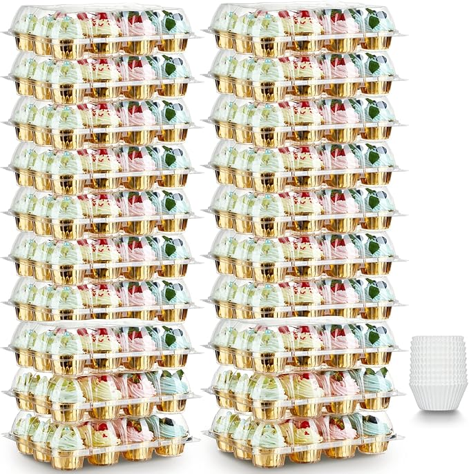 Gencywe (12 Pack x 20 Sets) Stackable Cupcake Carrier with 240 Pack Liners, Plastic Cupcake Boxes Holders for 12 Cupcakes, High Tall Dome Lid Cupcake Containers, Clear Disposable Cupcake Trays