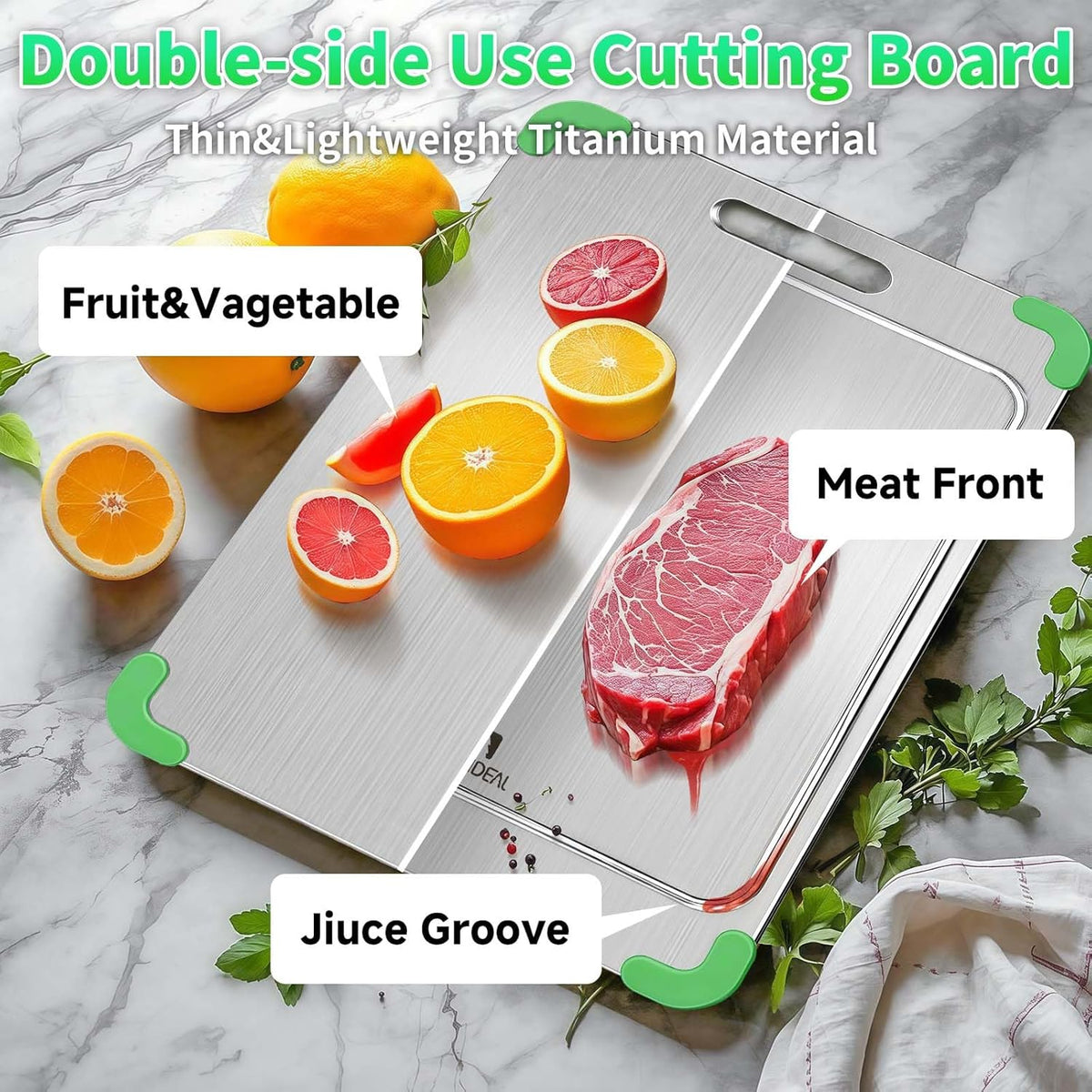 100% Pure Titanium Cutting Board with Grooves, Update Double Side Titanium Chopping Board, Silicone Anti-slip Stainless Cutting Boards for Kitchen 12 * 18 IN, Green