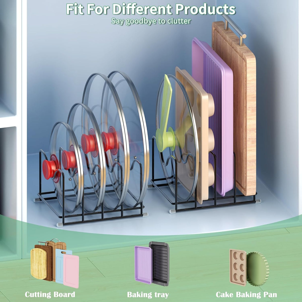Pot Lid Organizer Rack,1.6in Wide Cutting Board Organizer for Pan Lids,Baking Sheets,Cookie Sheets, with 4 Slots,Cutting Board Holder Rack(1PC-Medium)