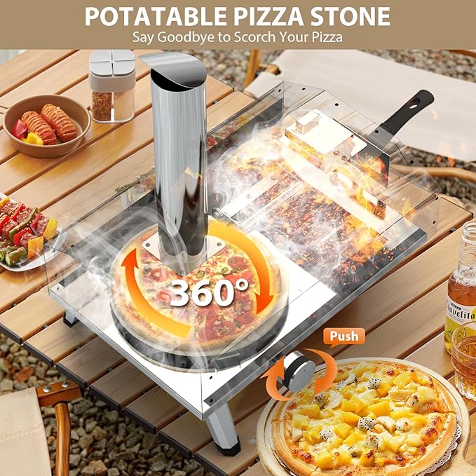 12" Portable Wood Pellet Pizza Oven with 360° Rotating Stone - Wood-Fired for Authentic Flavor, Ideal for Backyard, Camping, Picnics, and Patios - Easy to Use for Perfect Outdoor Cooking