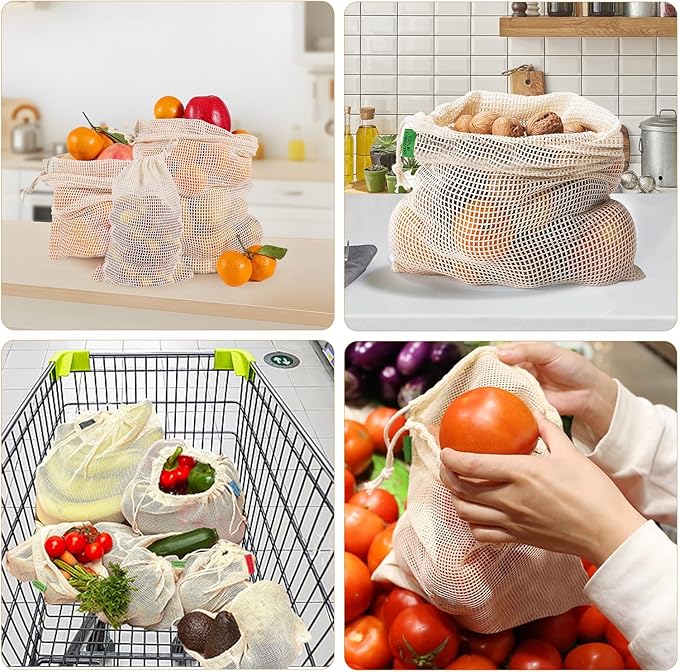 Ycsst 12 Pack Reusable Cotton Mesh Produce Bags - 100% Organic Cotton - Produce Bag - Double-Stitched - With Drawstring Produce Bag For Vegetables,Fruit & Grocery Shopping,4xS, 4xM, 4xL.