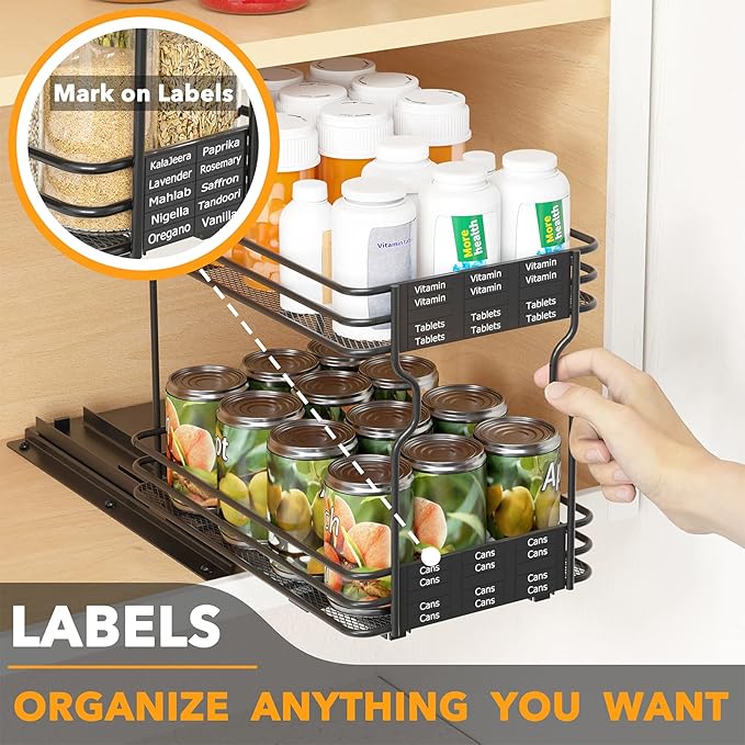 SpaceAid Pull Out Spice Rack Organizer for Cabinet, Heavy Duty Slide Out Seasoning Kitchen Organizer, Cabinet Organizer, with Labels and Chalk Marker, 6.5" W x10.75 D x8.5 H, 1 Drawer 2-Tier