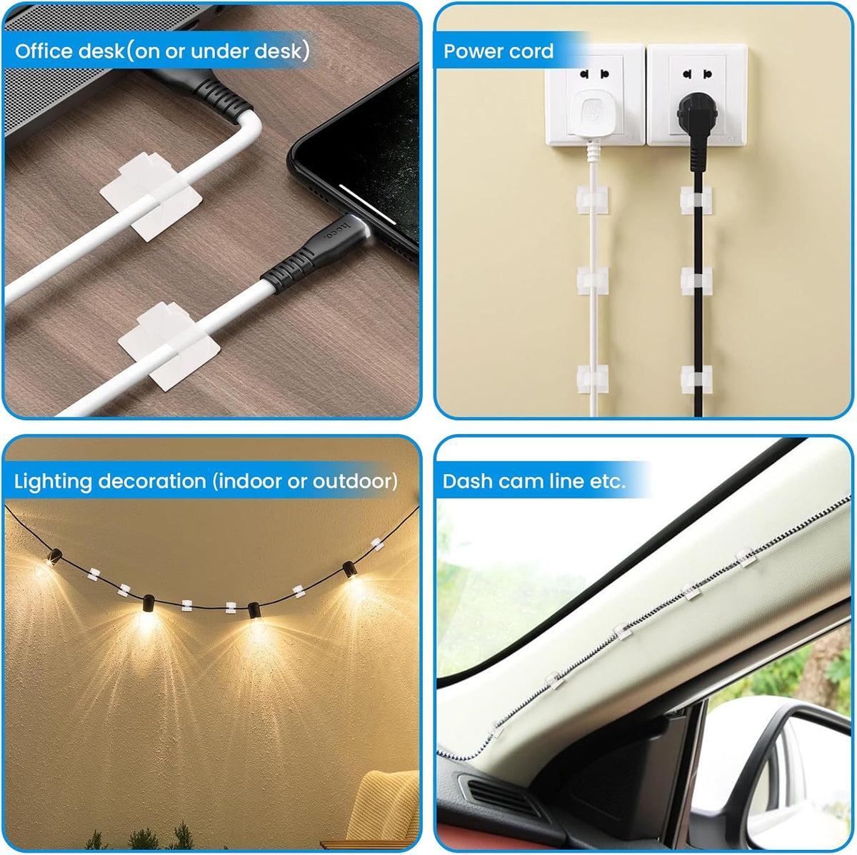 30 Pcs Adhesive Cable Clips for Cord Management Under Desk Nightstand Phone PC Charger Plug Speaker TV Cord Holder Keeper Hook Wall Wire Organizer Car Dash Cam Ethernet Christmas Light (Clear, Small)