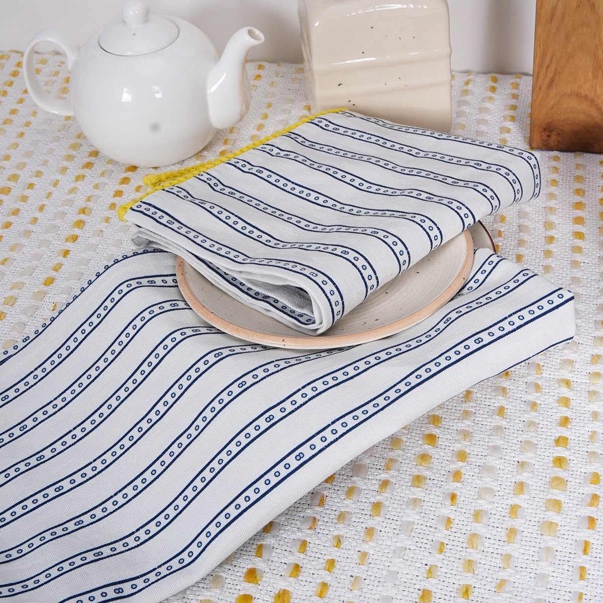Printed Kitchen Dish Bar and Tea Towels Cotton, 18x28 inch with Trims, Cotton Dish Towel Sets (Blue Stripes, Set of 6)
