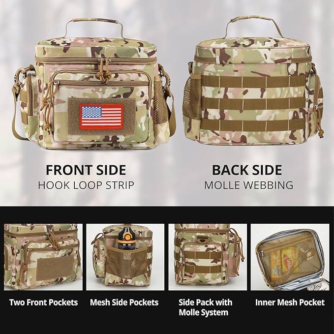 ATRIPACK Lunch Box for Men, Tactical Lunch Bag MOLLE Webbing Leakproof Insulated Large Lunch Cooler Women Adult Meal with Adjustable Shoulder Strap Durable Lunch Pail (Camo-Brown)